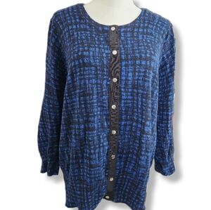 Michael Kors Blue& Black Patterned Snap Closure 3/4 Sleeve Lightweight Cardigan